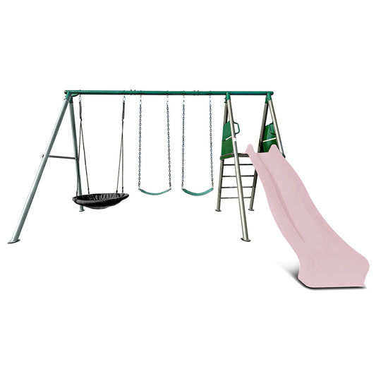 Lifespan Kids Europa Commercial Grade Steel Swing Set with Climb & 2.2m Slide (Pastel Pink)
